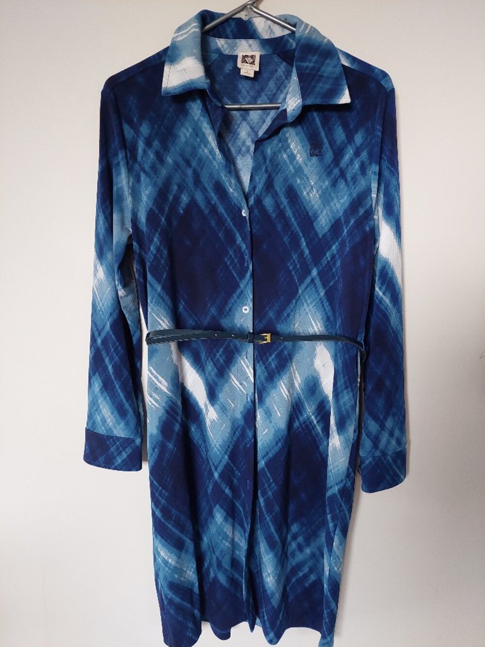 Anne Klein Size L Blue & White Patterned Shirt Dress With Belt Soft Stretch